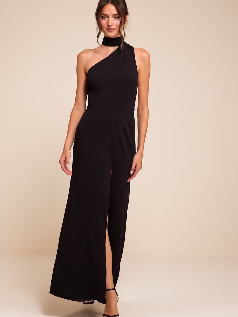Black Halter Neck Asymmetrical Maxi Dress with Slit & Choker Lulu’s Small